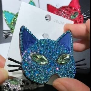 Medium Size Sparkling Blue Cat Brooch with Rhinestones